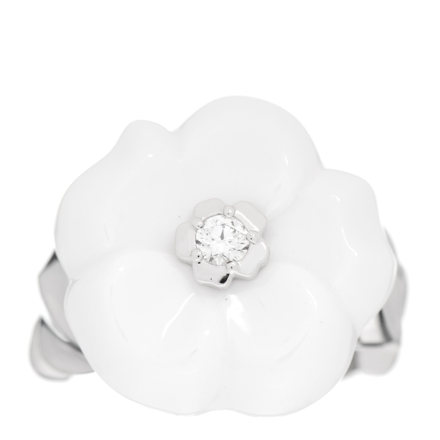 Chanel 18K White Gold Diamond Ceramic Camellia Ring 47 4 1 of 5