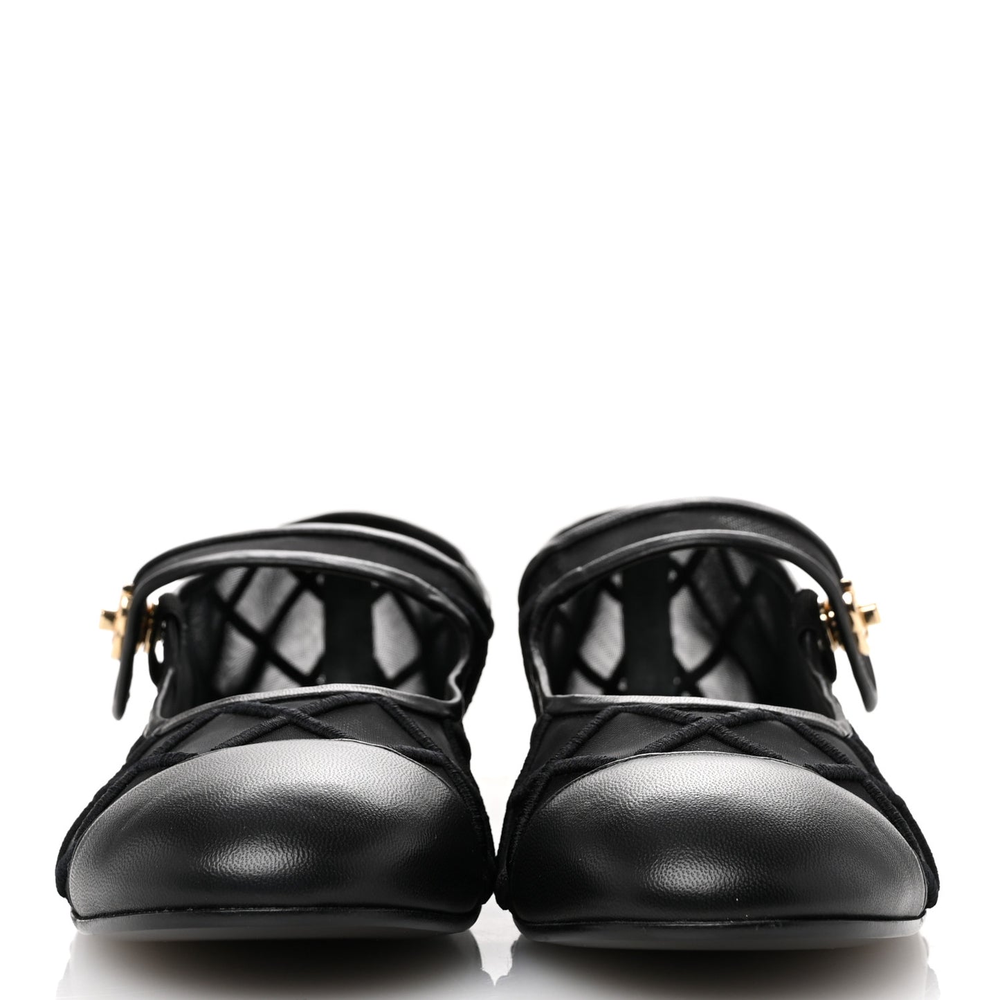 Lambskin Fabric Mesh Quilted Mary Jane Cap Toe Flats 40.5 Black