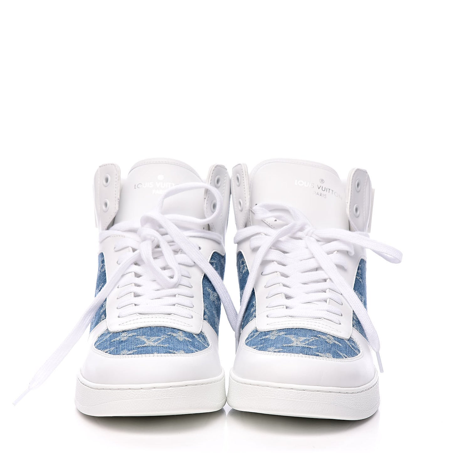 Calfskin Monogram Denim Rivoli High Top Sneakers 10 White