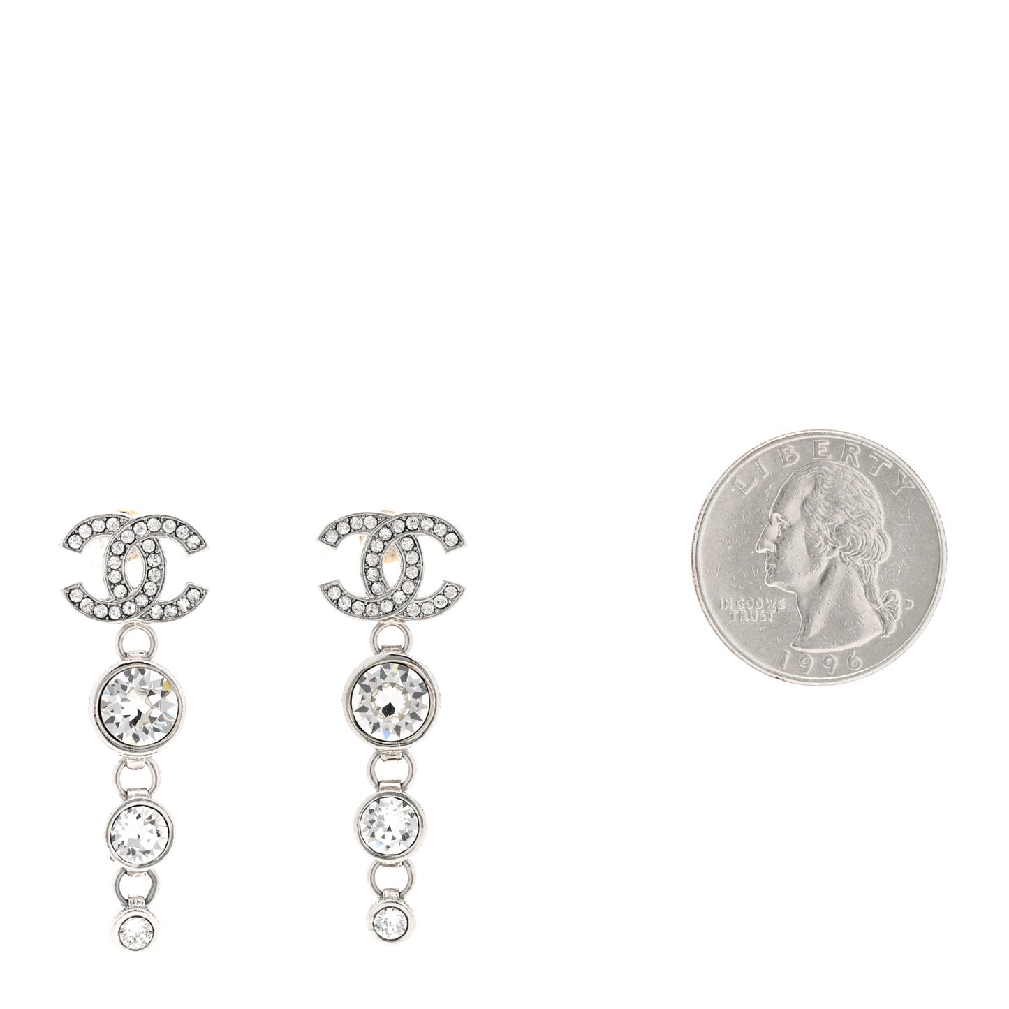Metal Crystal CC Drop Earrings Silver