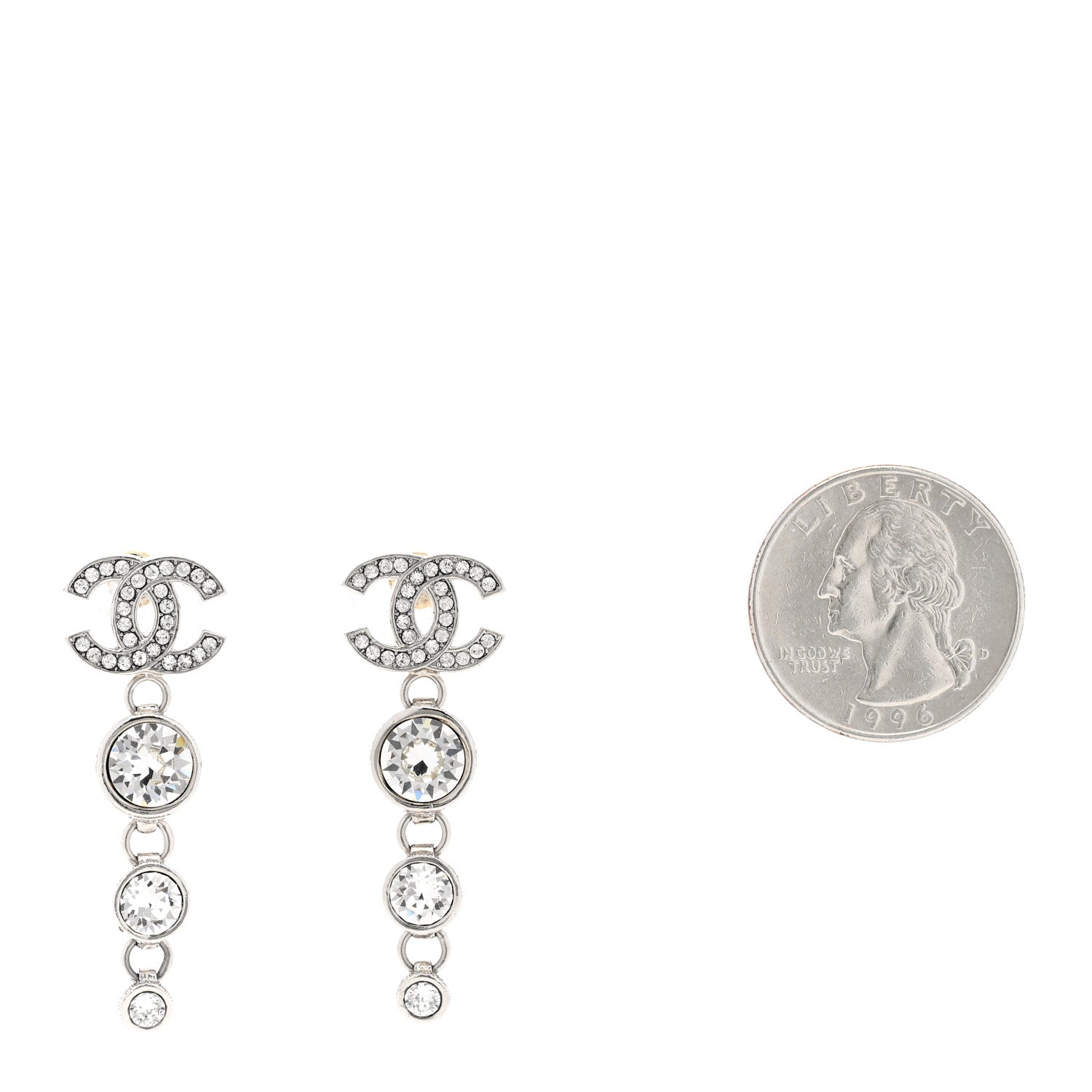 Chanel Metal Crystal CC Drop Earrings Silver 2 of 5