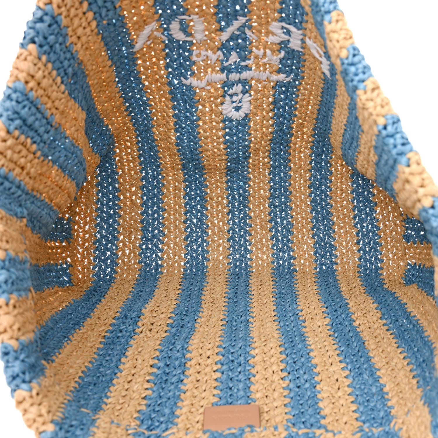 Prada Yarn Raffia Effect Crochet Striped Large Logo Tote Naturale Celeste 5 of 10