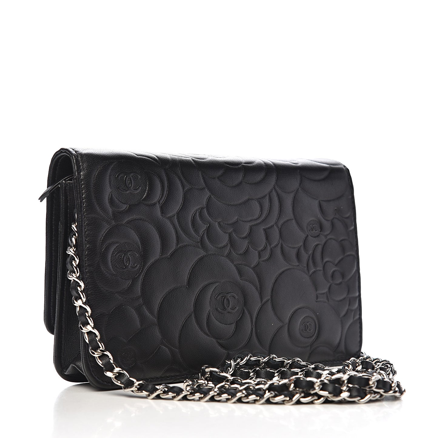Lambskin Camellia Embossed Wallet on Chain WOC Black