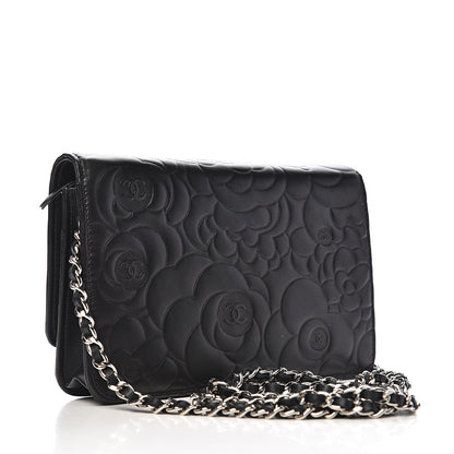 Chanel Lambskin Camellia Embossed Wallet on Chain WOC Black 2 of 11