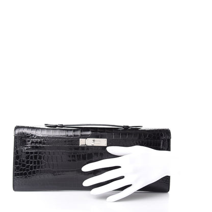 Hermes Shiny Porosus Crocodile Kelly Cut Pochette Black 2 of 7