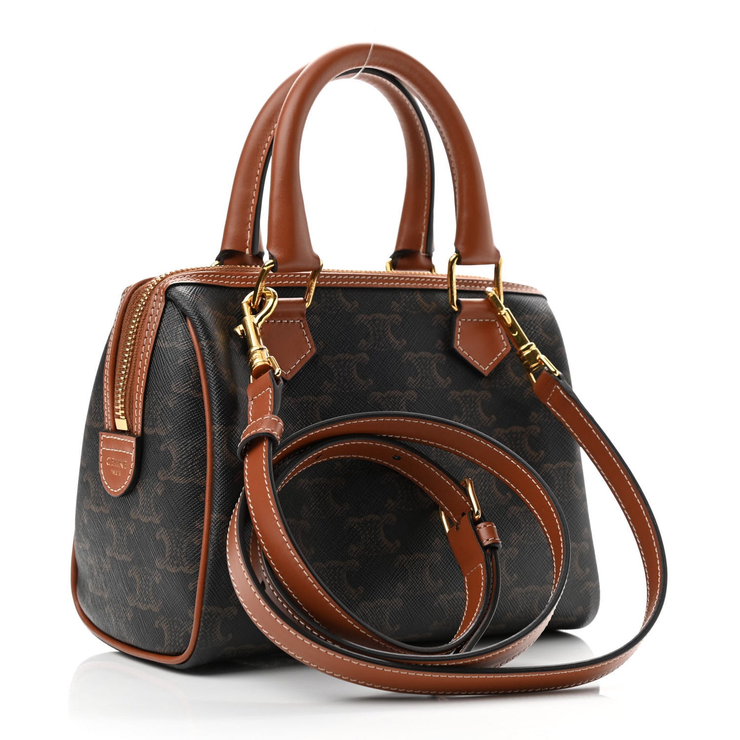 Triomphe Canvas Calfskin Small Boston Bag Tan