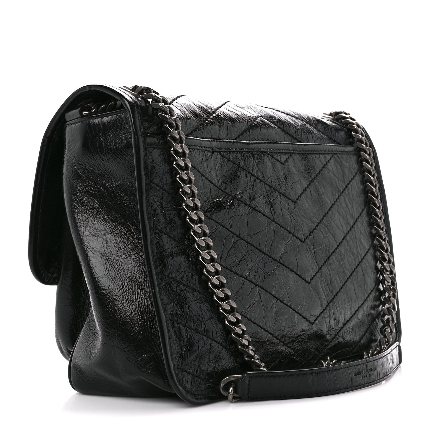 Crinkled Calfskin Matelasse Monogram Medium Niki Chain Satchel Black
