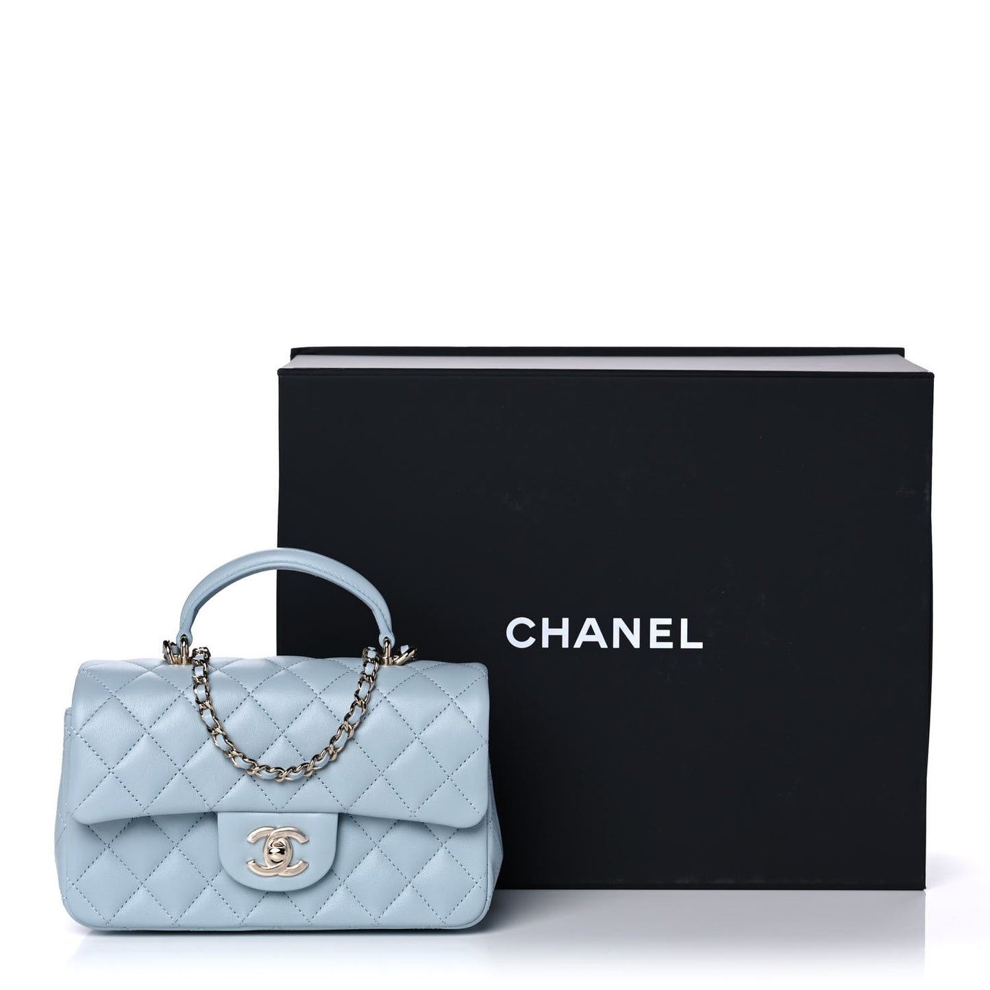 Lambskin Quilted Mini Top Handle Rectangular Flap Light Blue