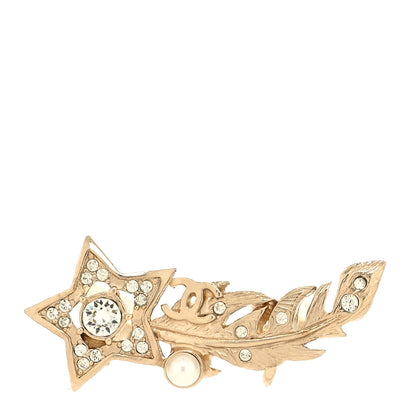 Chanel Crystal Pearl Feather Star CC Single Clip On Earring Gold 1 of 4