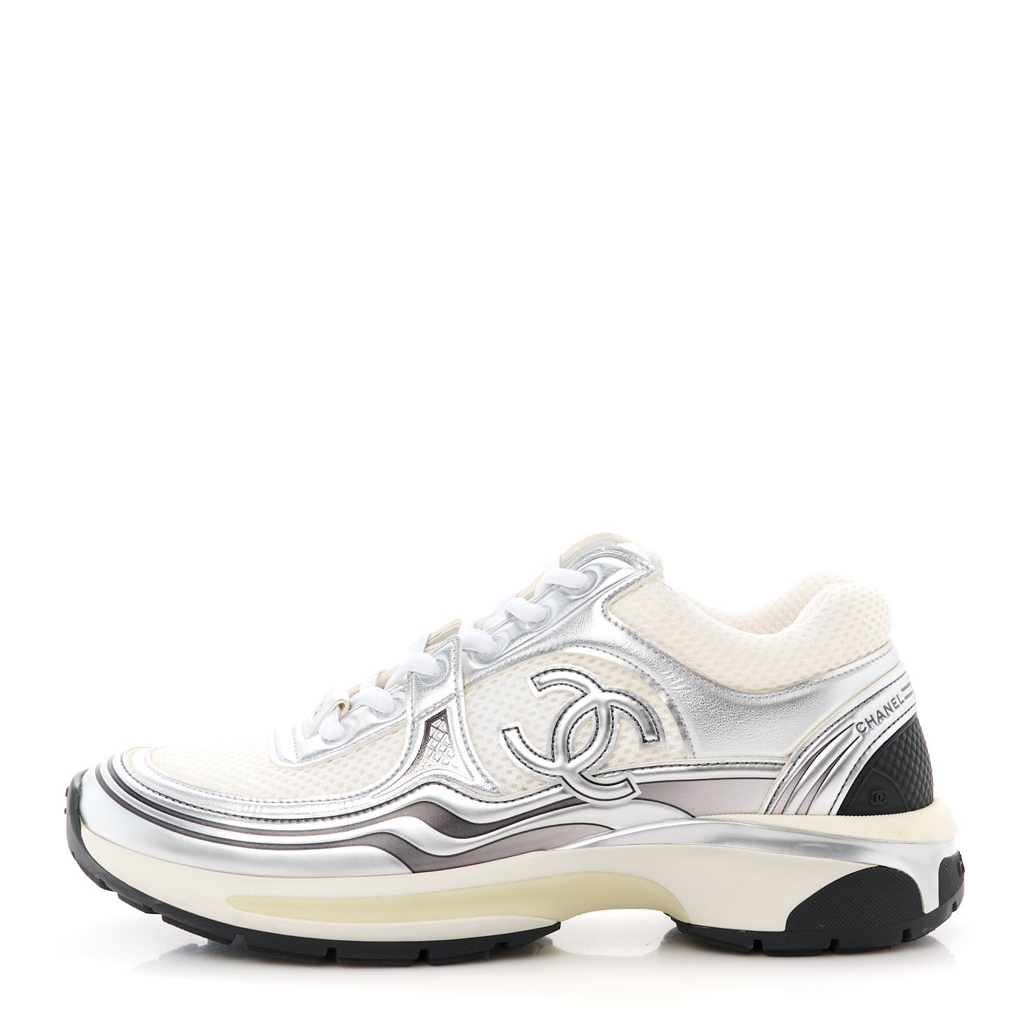 Fabric Laminated Calfskin Stretch CC Womens Sneakers 38 White Silver