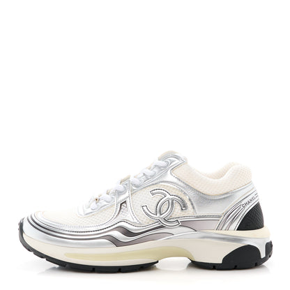 Chanel Fabric Laminated Calfskin Stretch CC Womens Sneakers 38 White Silver 1 of 9