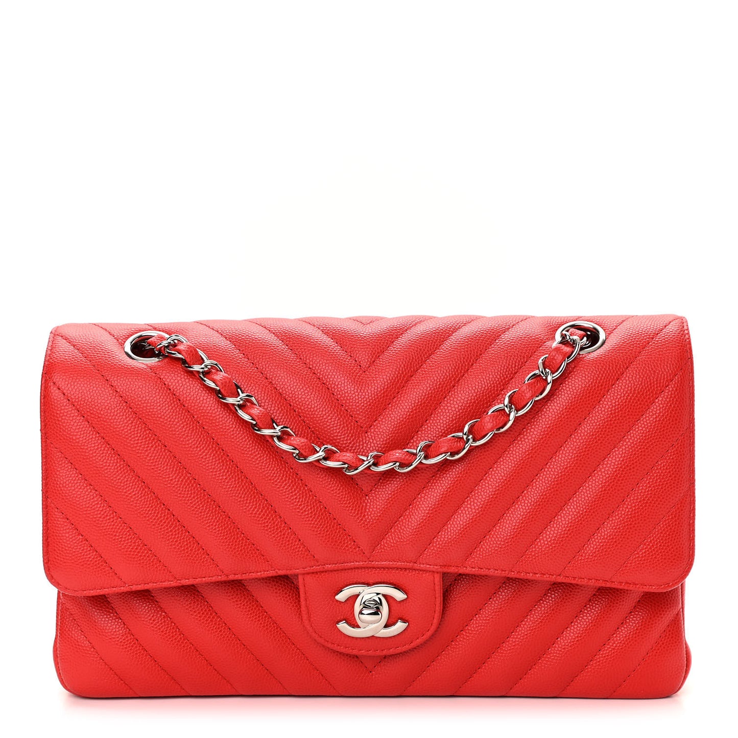 Caviar Chevron Quilted Medium Double Flap Red