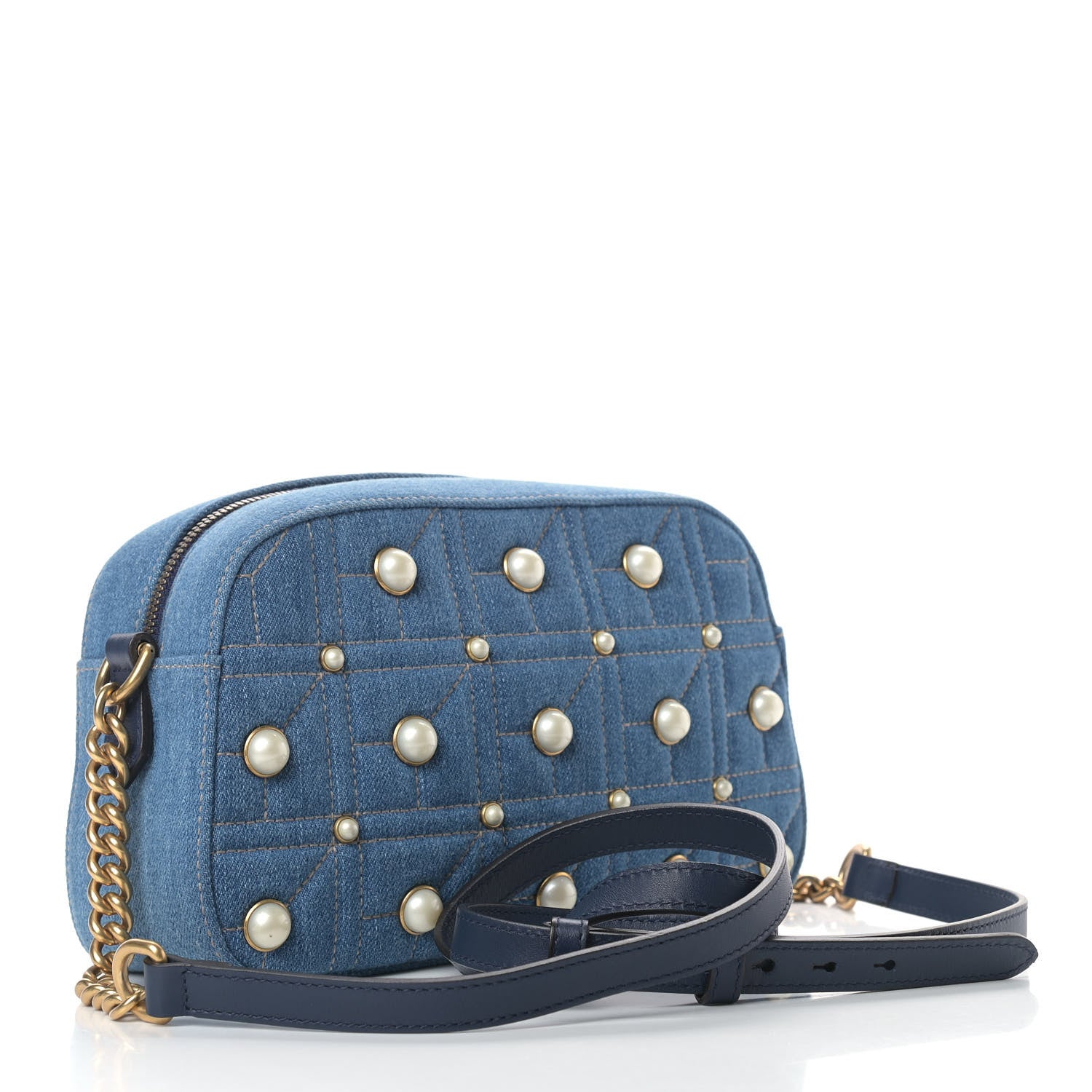 Gucci Denim Matelasse Pearl Studded Small GG Marmont Chain Shoulder Bag Blue 3 of 9