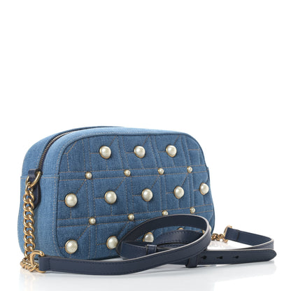 Gucci Denim Matelasse Pearl Studded Small GG Marmont Chain Shoulder Bag Blue 3 of 9