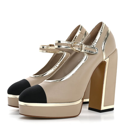 Chanel Lambskin Metallic Grosgrain Cap Toe Mary Jane Platform Pumps 41  Gold 4 of 13