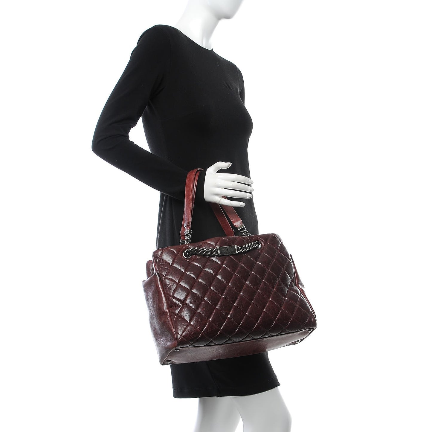 Glazed Calfskin Quilted Large Nameplate Shopping Tote Burgundy