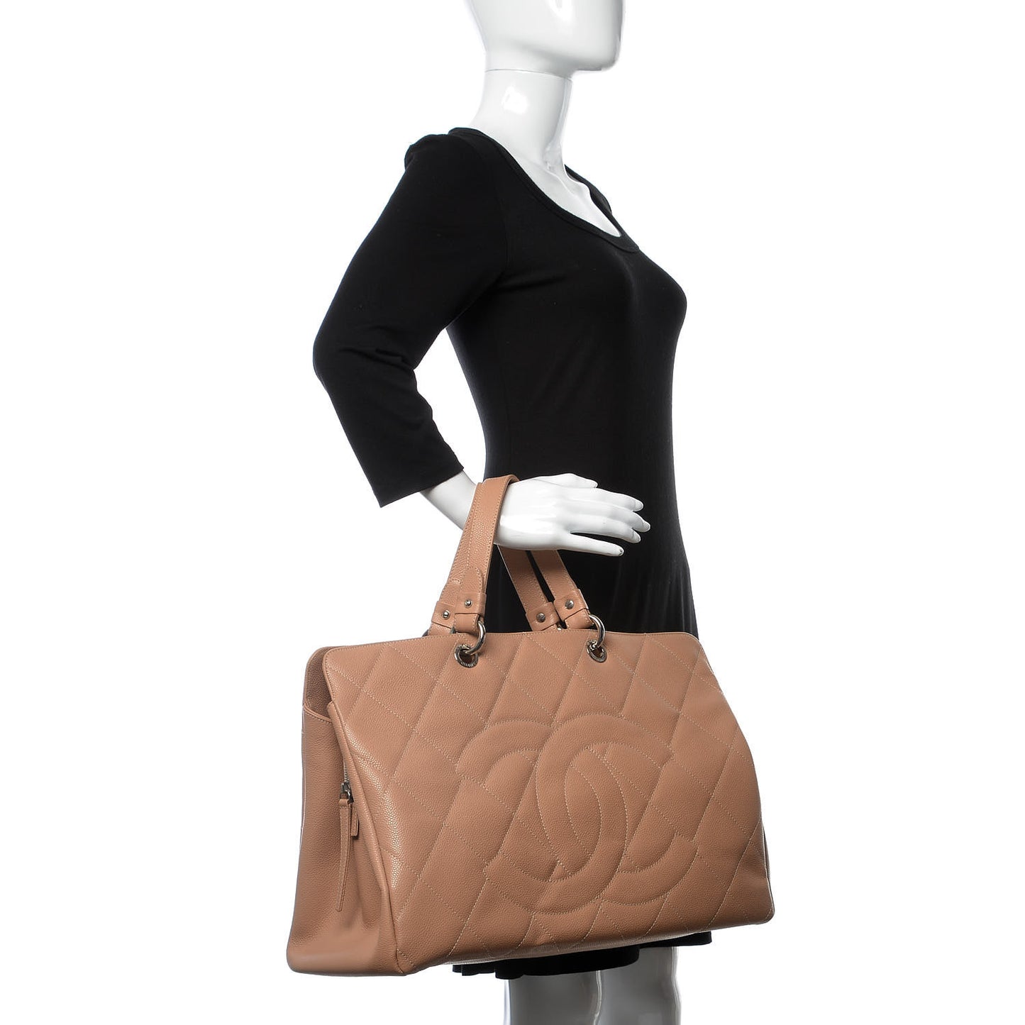 Soft Caviar Quilted Large CC Timeless Tote Beige