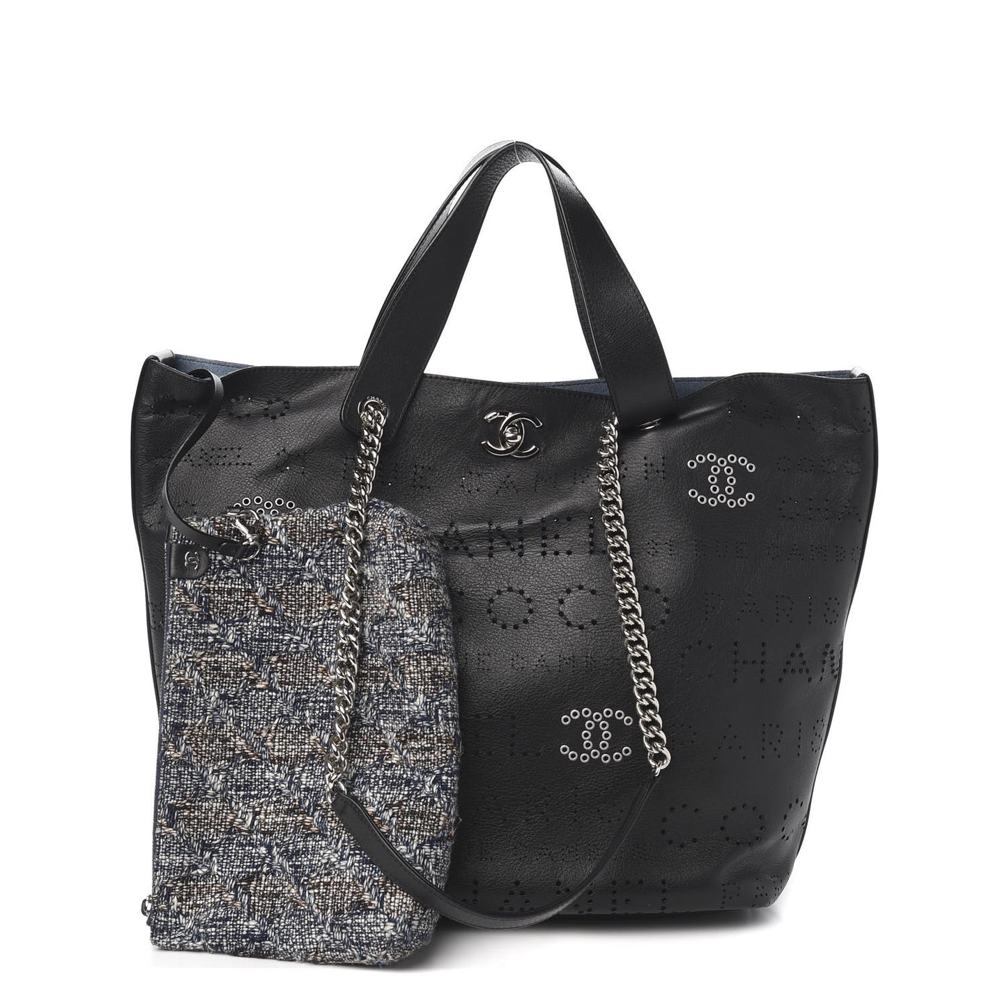 Calfskin Tweed Small Logo Eyelets Shopping Tote Black