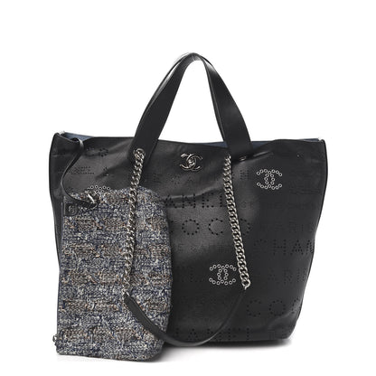 Chanel Calfskin Tweed Small Logo Eyelets Shopping Tote Black 1 of 10