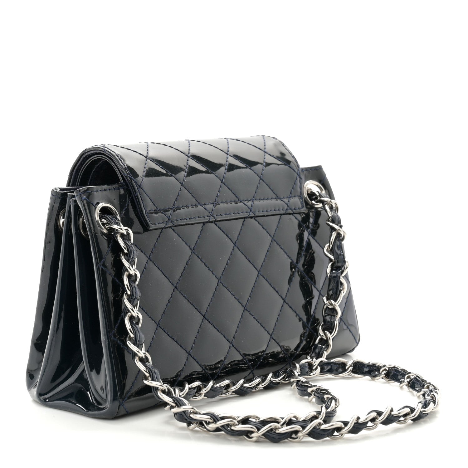 Chanel Patent Quilted Accordion Double Flap Navy Blue 3 of 10