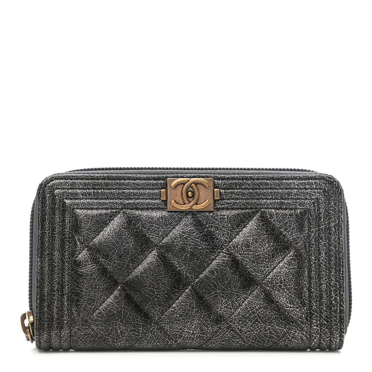 Cracked Metallic Calfskin Quilted Medium Boy Zip Around Wallet Dark Silver