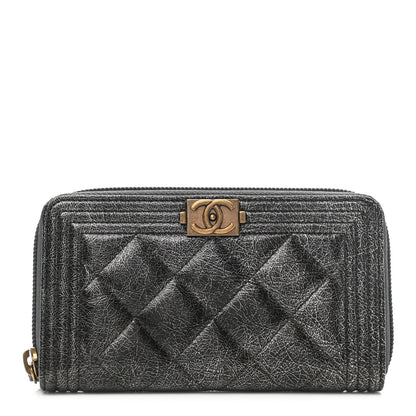 Chanel Cracked Metallic Calfskin Quilted Medium Boy Zip Around Wallet Dark Silver 2 of 18