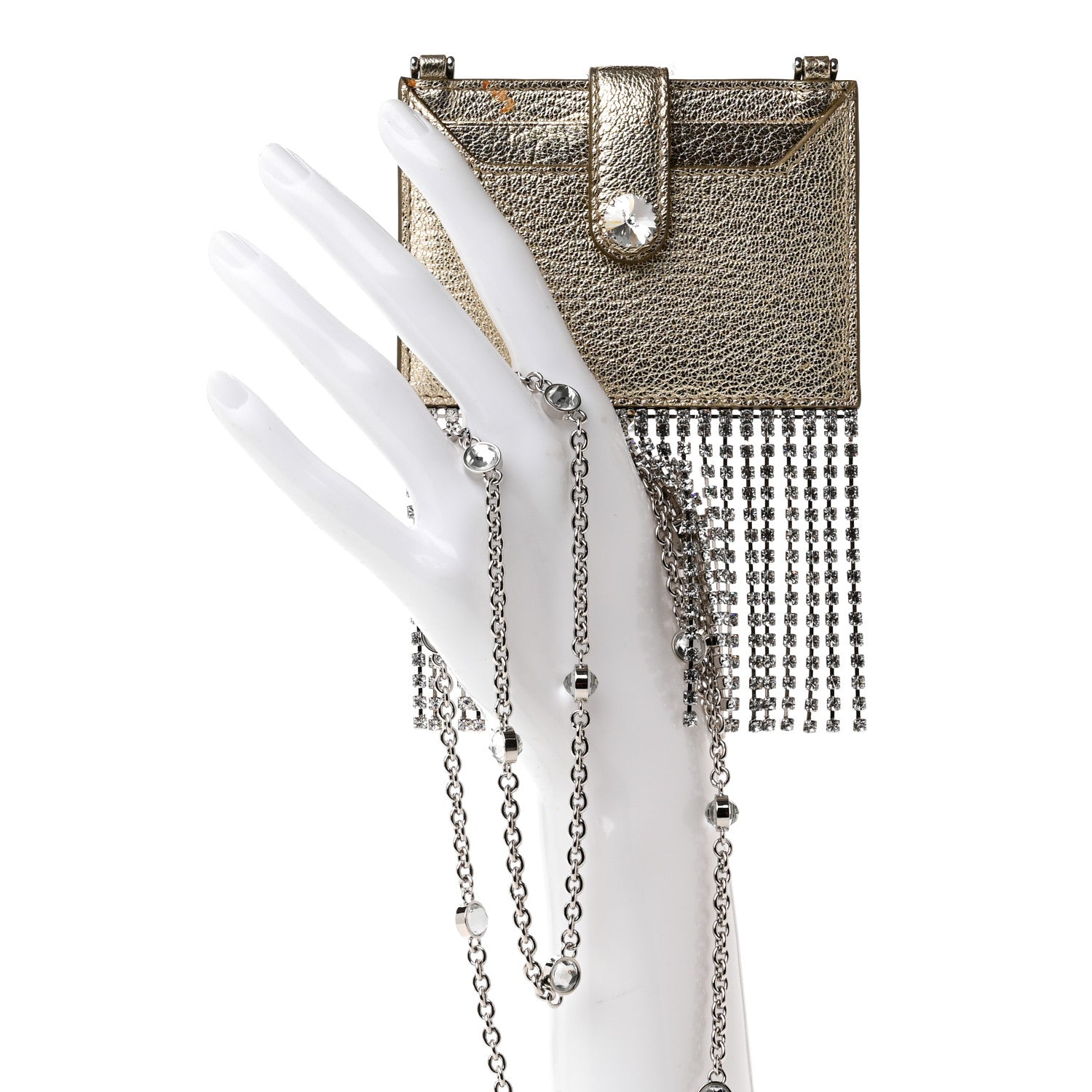 Miu Miu Metallic Goatskin Madras Crystal Card Holder Fringe Crossbody Gold 2 of 8