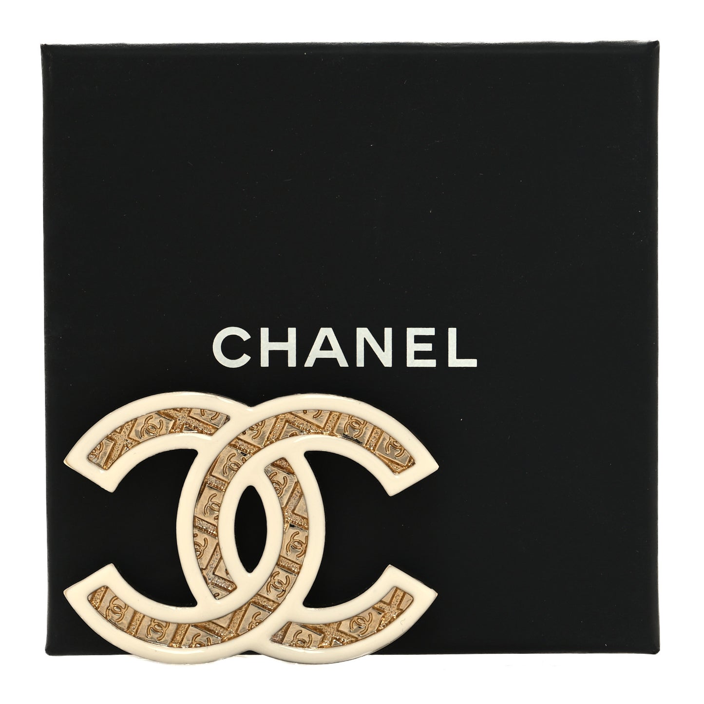 Metal Enamel CC Brooch White Light Gold