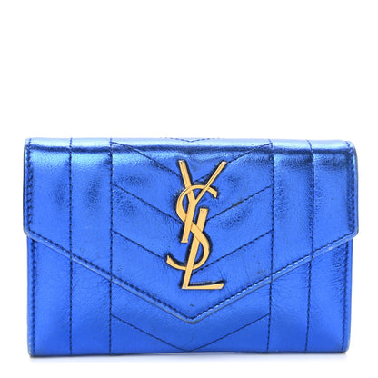 Saint Laurent Metallic Goatskin Mixed Matelasse Chevron Small Monogram Envelope Wallet Blue 1 of 8