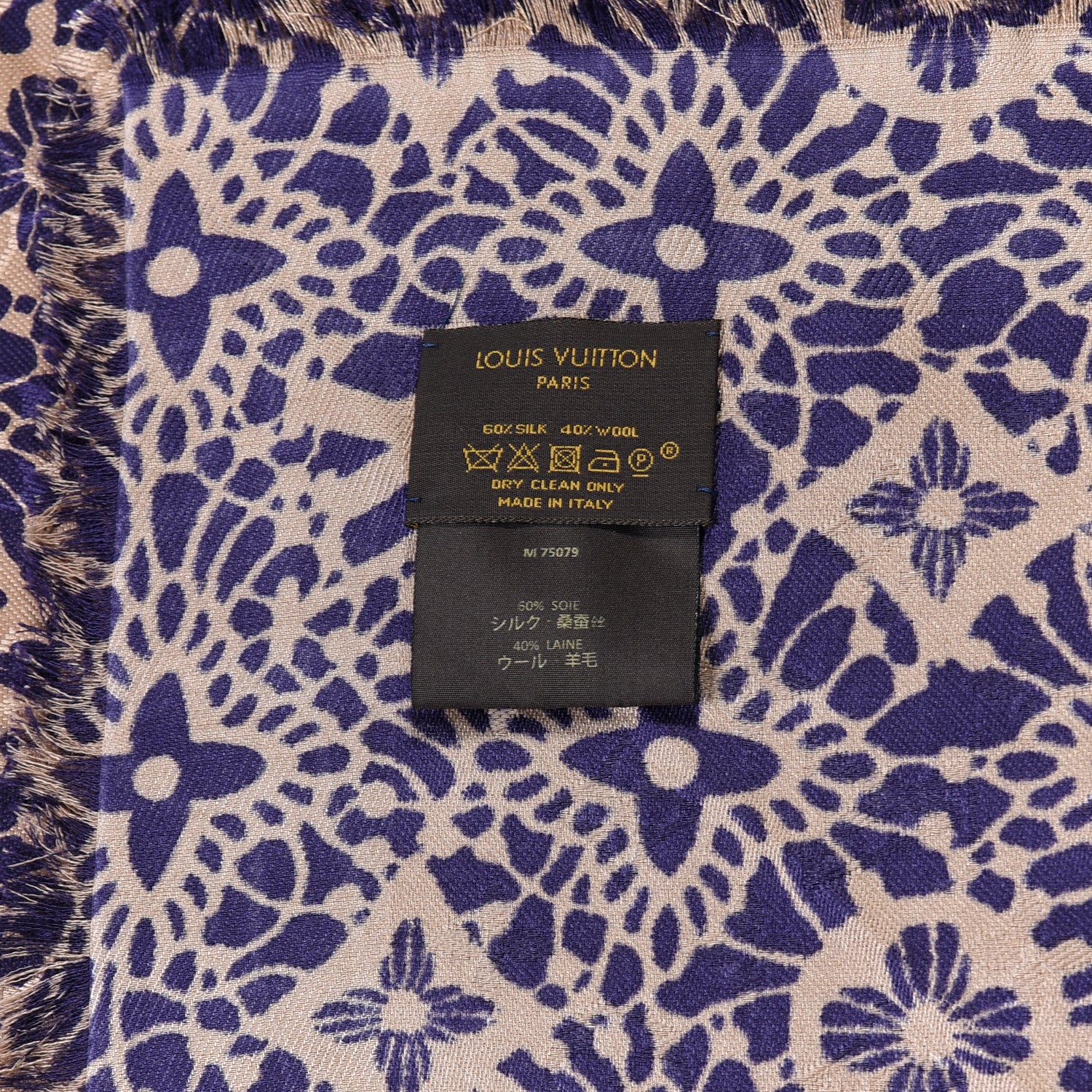 Louis Vuitton Silk Wool Monogram Dentelle Shawl Scarf Purple Beige 4 of 4