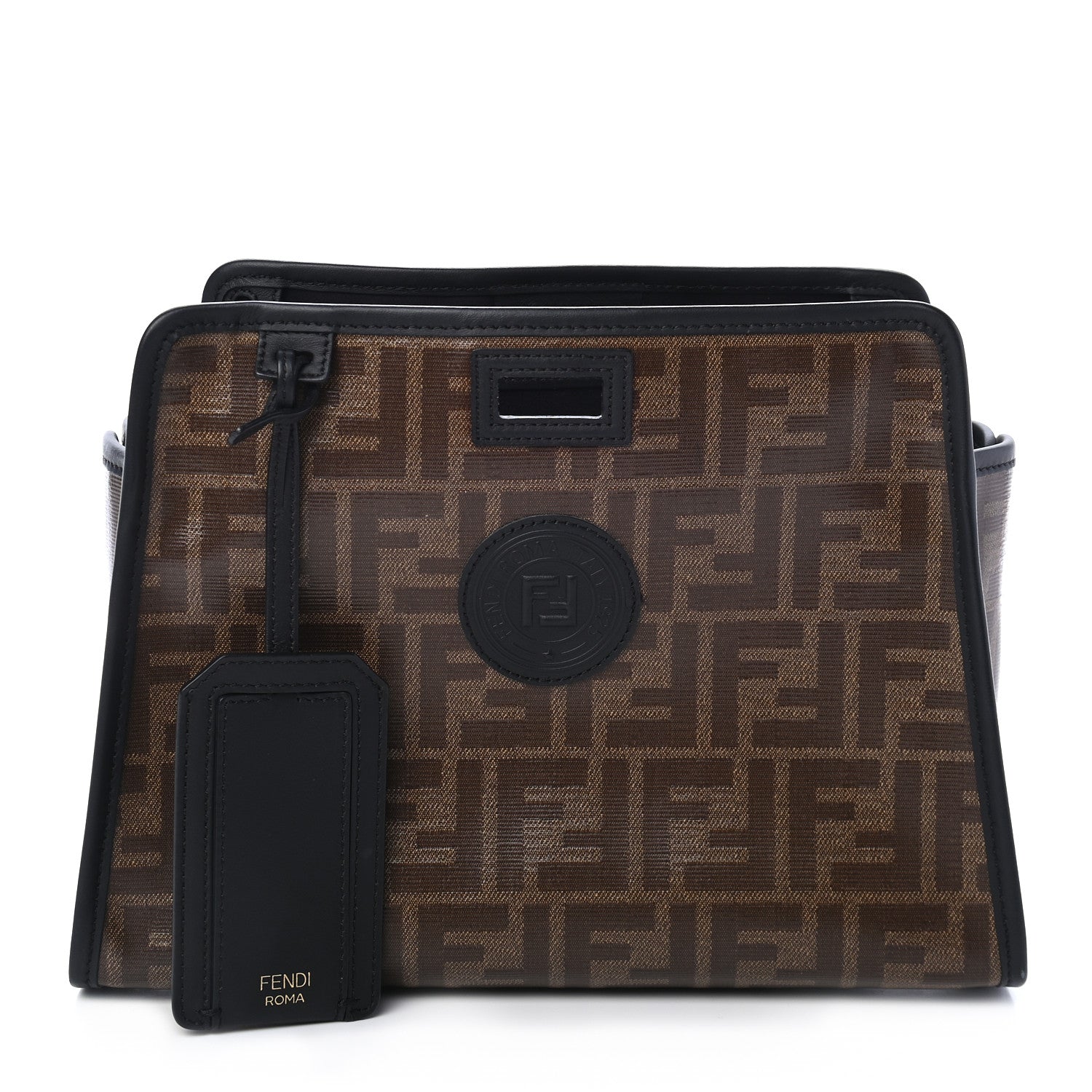 Fendi Glazed Fabric Vitello Century FF 1974 Stamp Patch Mini Peekaboo Defender Cover Mogano Panna Black 1 of 9