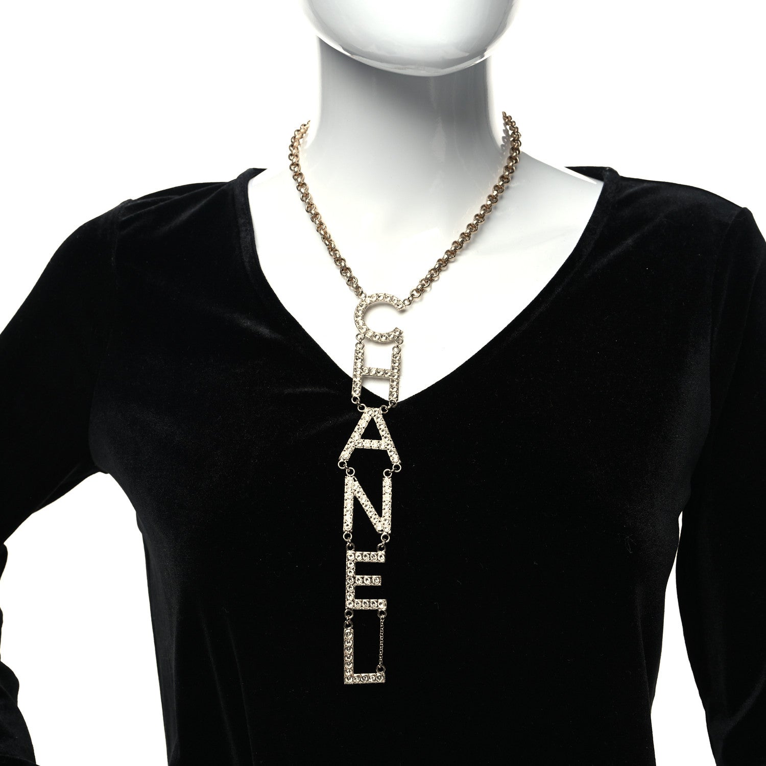 Chanel Metal Crystal Cha-Nel Logo Necklace Gold 2 of 5