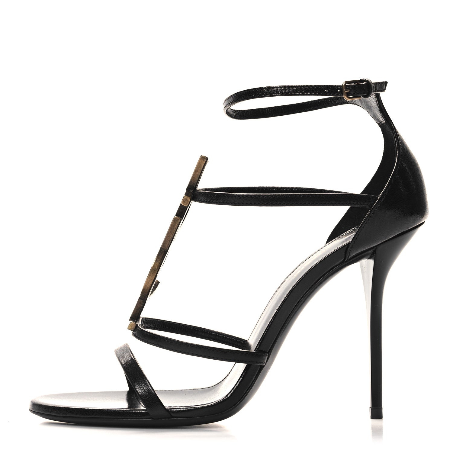 Saint Laurent Calfskin Cassandra Palm Logo 110 Ankle Strap Sandals 39 Black 1 of 9