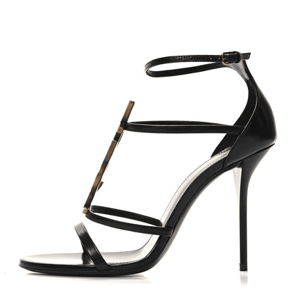Saint Laurent Calfskin Cassandra Palm Logo 110 Ankle Strap Sandals 39 Black 1 of 9