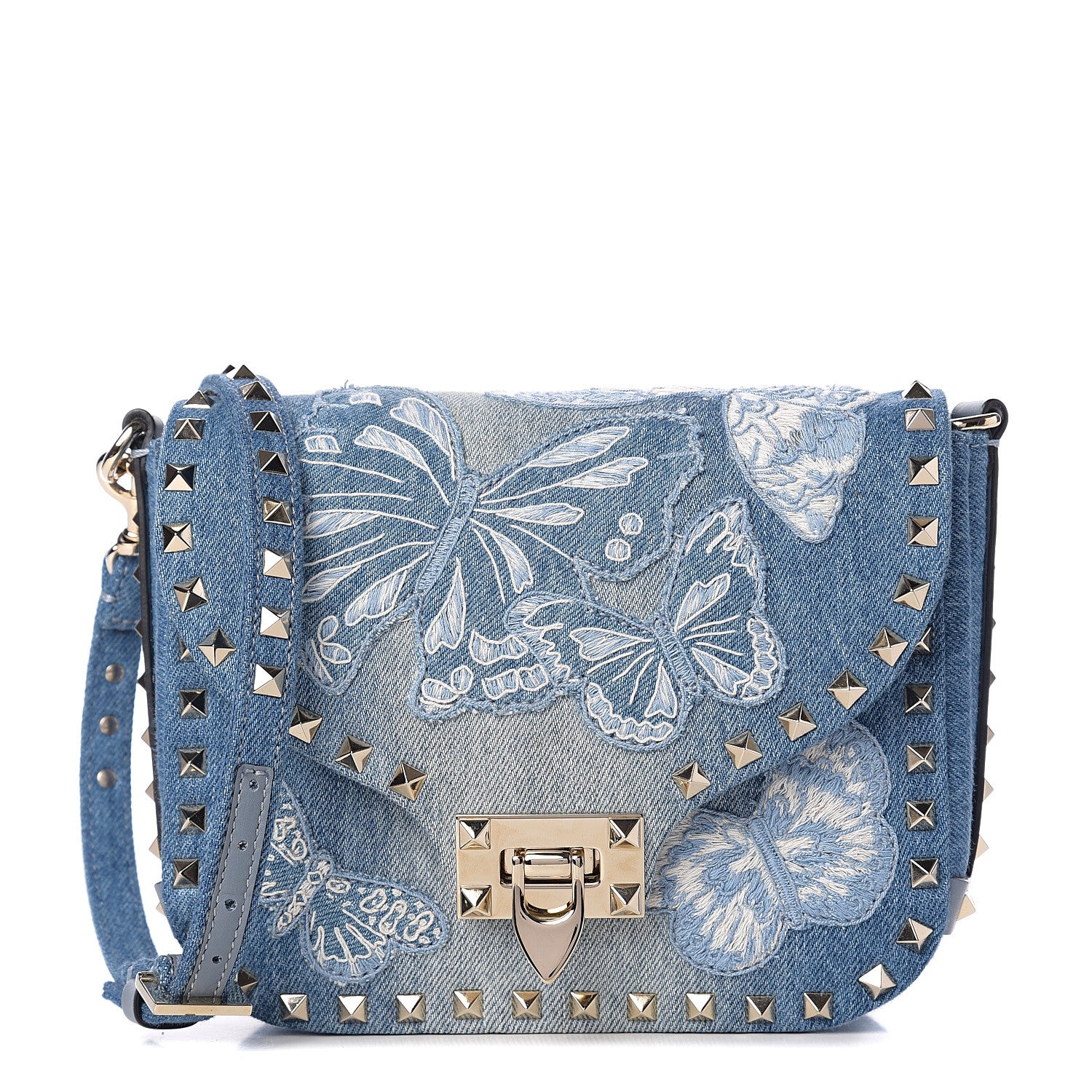 Valentino Garavani Denim Butterfly Embroidered Rockstud Shoulder Flap Messenger Bag Light Denim 1 of 8