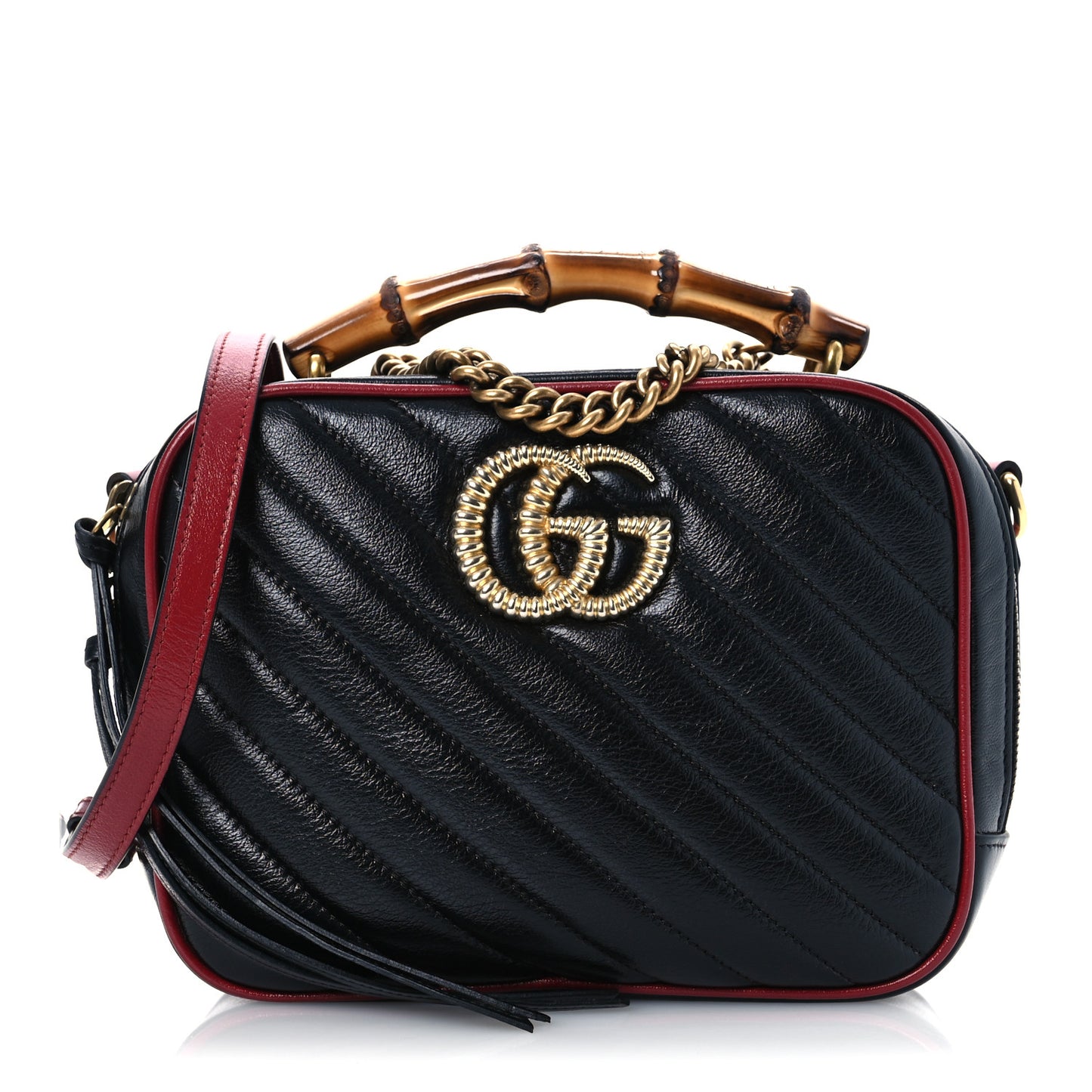 Vintage Effect Calfskin Matelasse Diagonal Small Torchon GG Marmont Bamboo Top Handle Shoulder Bag Black Romantic Cherry