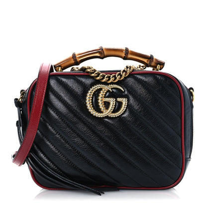Gucci Vintage Effect Calfskin Matelasse Diagonal Small Torchon GG Marmont Bamboo Top Handle Shoulder Bag Black Romantic Cherry 1 of 10