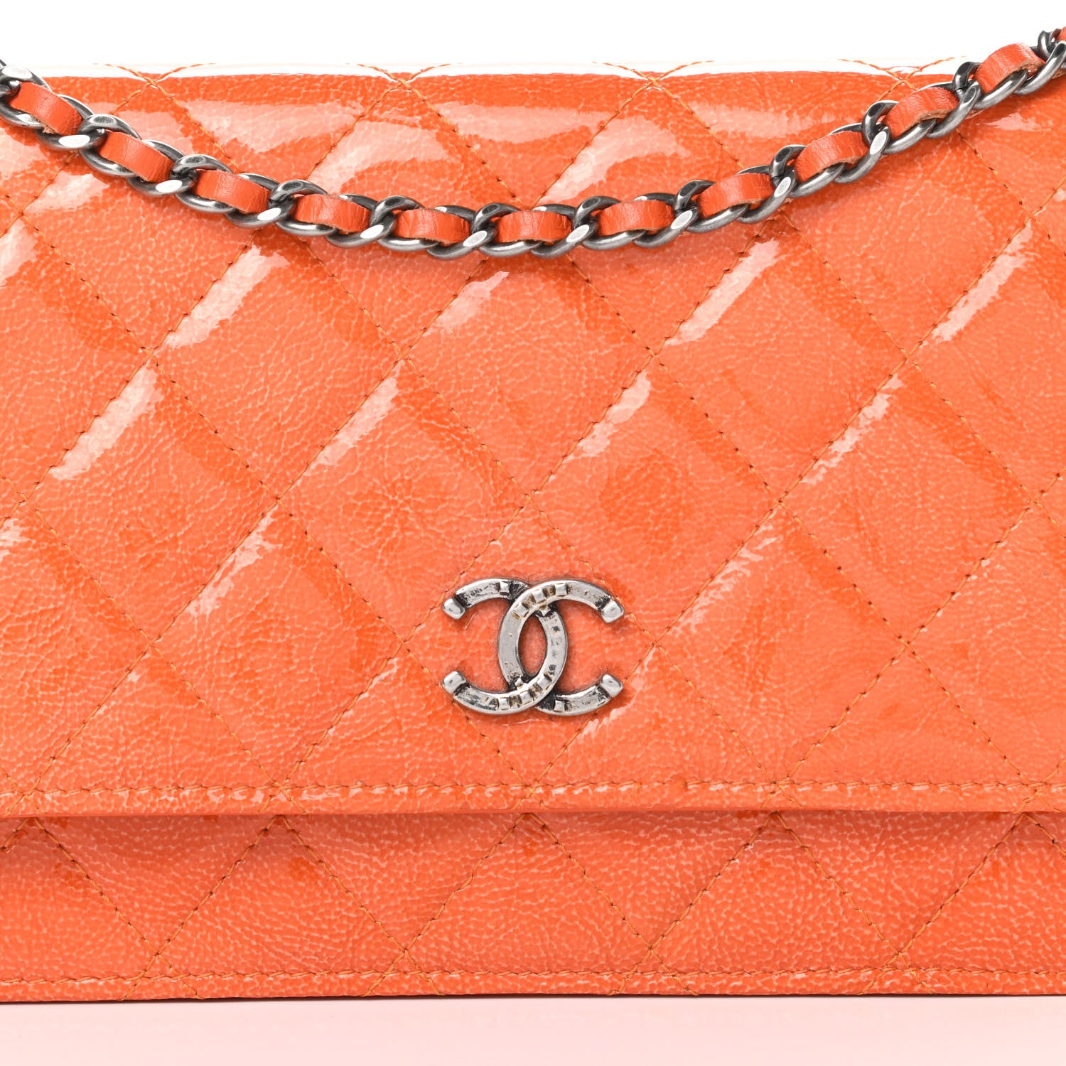 Chanel Distressed Patent Calfskin Quilted Wallet On Chain WOC Orange 9 of 15