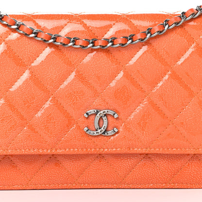 Chanel Distressed Patent Calfskin Quilted Wallet On Chain WOC Orange 9 of 15