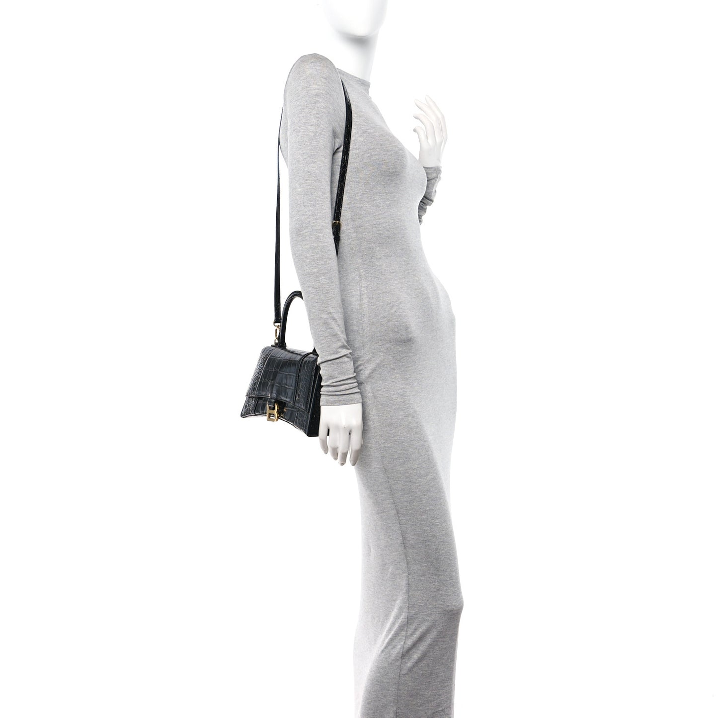 Shiny Calfskin Crocodile Embossed Small Hourglass Top Handle Bag Black