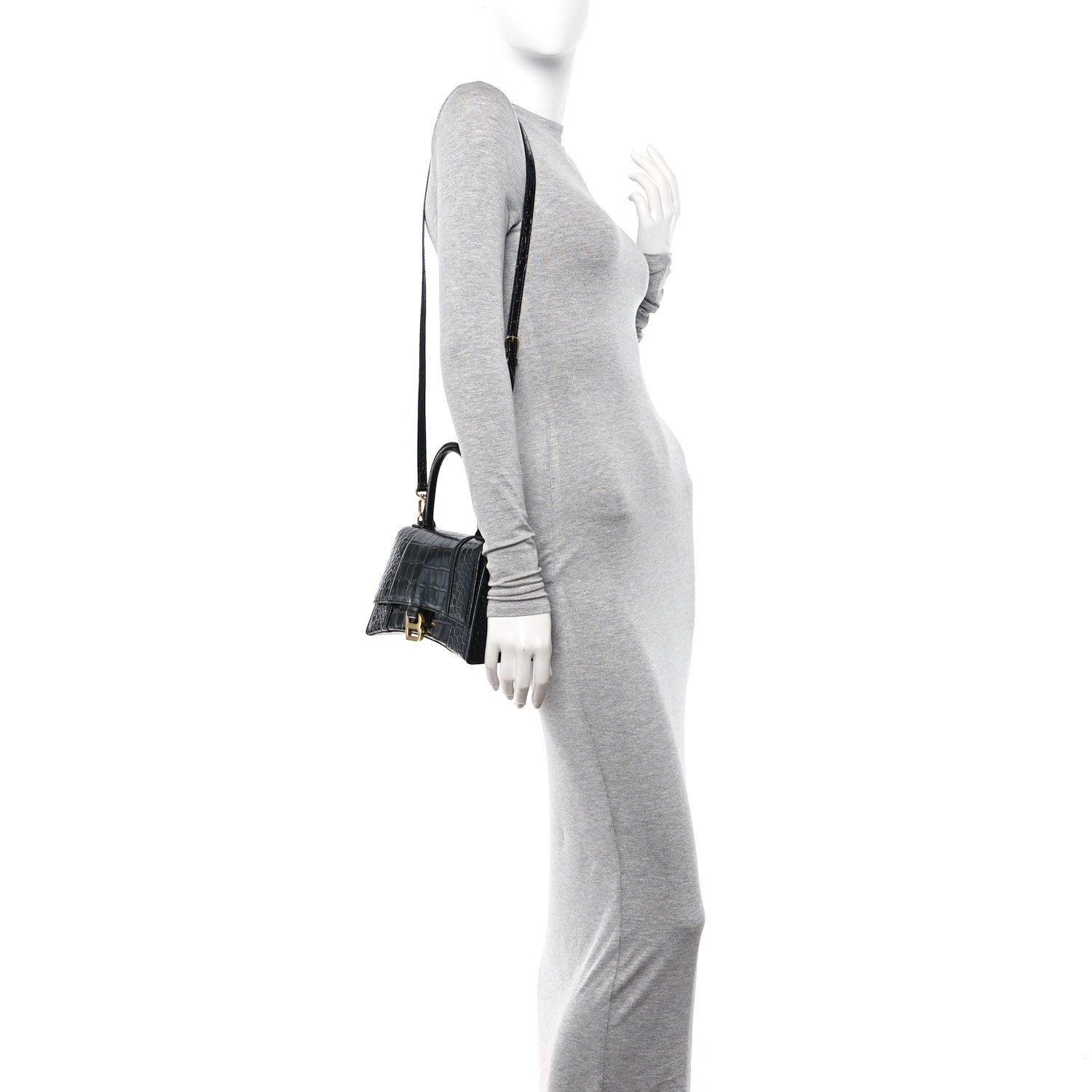 Balenciaga Shiny Calfskin Crocodile Embossed Small Hourglass Top Handle Bag Black 2 of 13