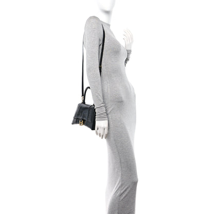 Balenciaga Shiny Calfskin Crocodile Embossed Small Hourglass Top Handle Bag Black 2 of 13