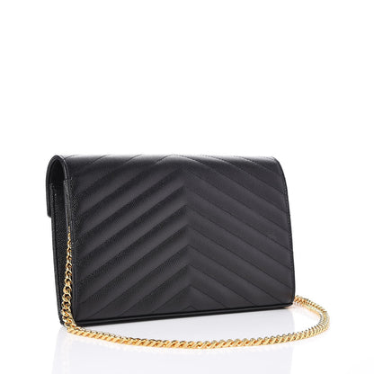 Saint Laurent Grain De Poudre Matelasse Chevron Medium Monogram Chain Wallet Black 3 of 8