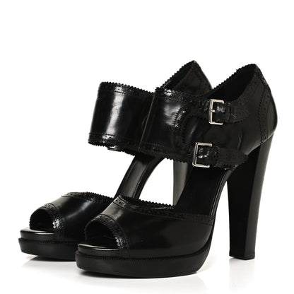 Hermes Glazed Calfskin Brogue Open Toe Pumps 39.5 Black 3 of 9