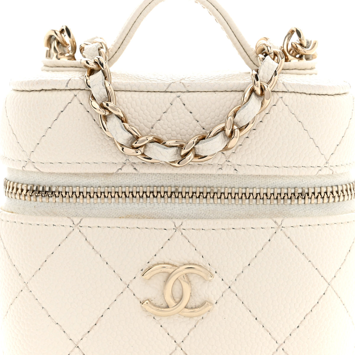 Caviar Quilted Small Handle With Care Vanity Case With Chain White