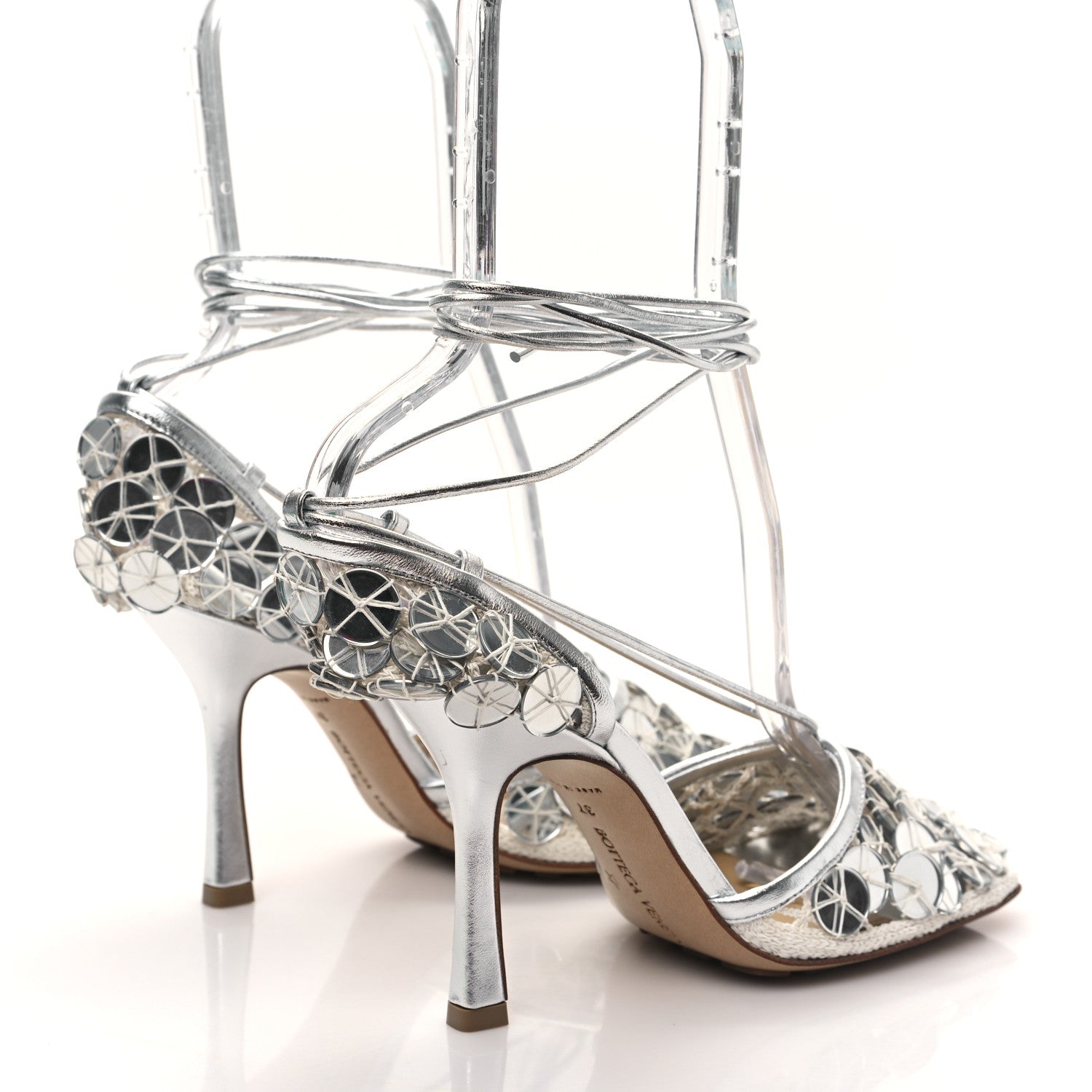 Bottega Veneta Mesh Metallic Nappa Mirror Stretch Ankle Tie Sandals 37 Silver 4 of 8