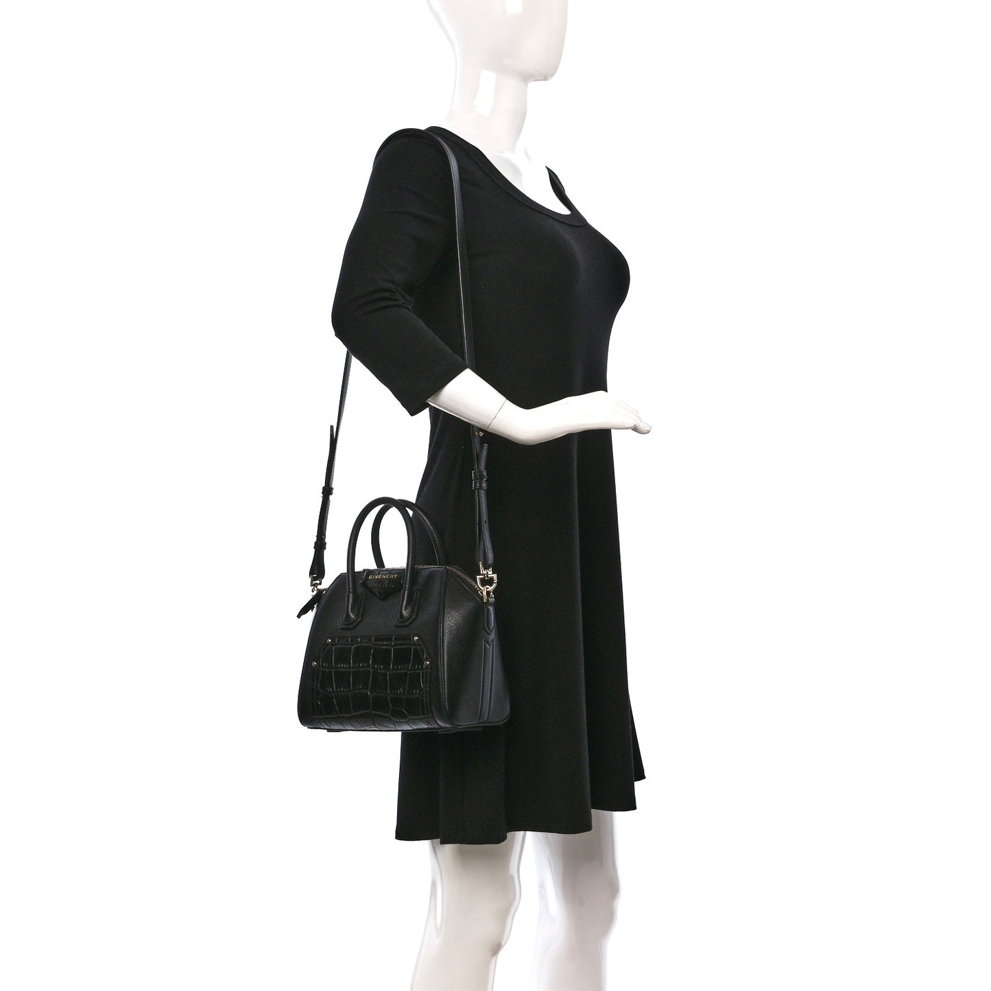 Grained Calfskin Crocodile Embossed Mini Antigona Black