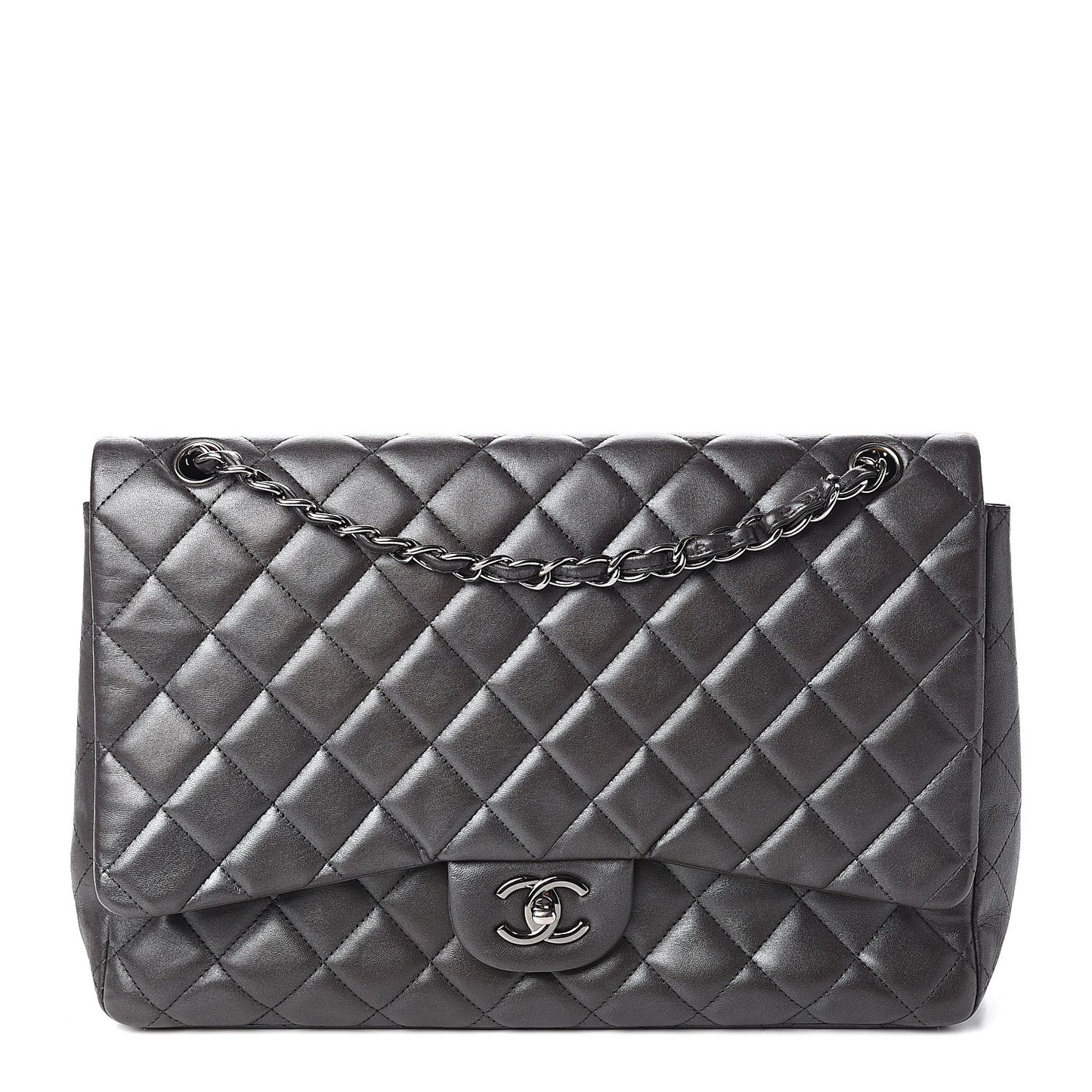 Metallic Lambskin Quilted Maxi Single Flap Grey