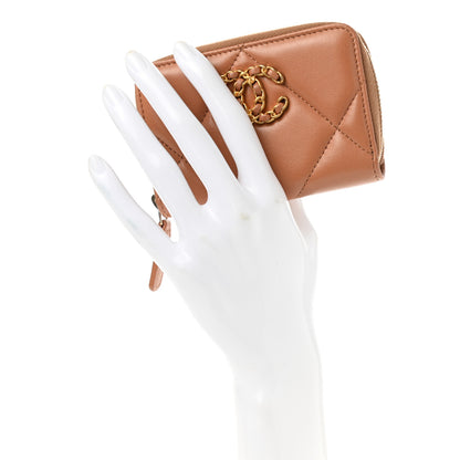 Chanel Lambskin Quilted Chanel 19 Zip Around Coin Purse Wallet Brown 3 of 9