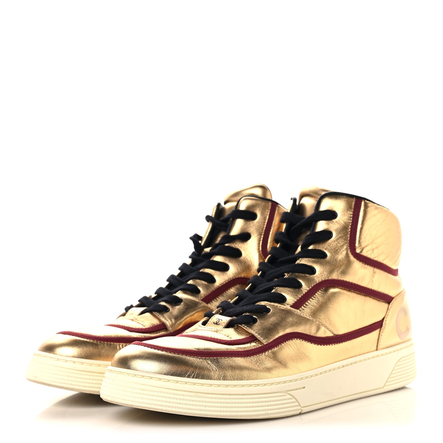 Chanel Metallic Satin Lambskin Mens Logo High Top Sneakers 45 Gold Burgundy 4 of 8